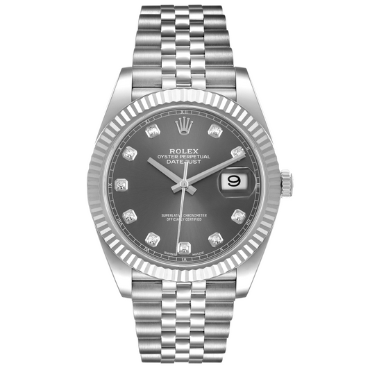 Rolex Datejust 41mm 18k White Gold Fluted Bezel Grey Diamond Dial Jubilee Stainless Steel Watch 126334