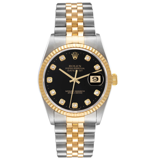 Rolex Datejust 36mm 2 Tone 18k Yellow Gold & Stainless Steel Factory Diamond Black Dial Fluted Bezel Jubilee Watch 16233