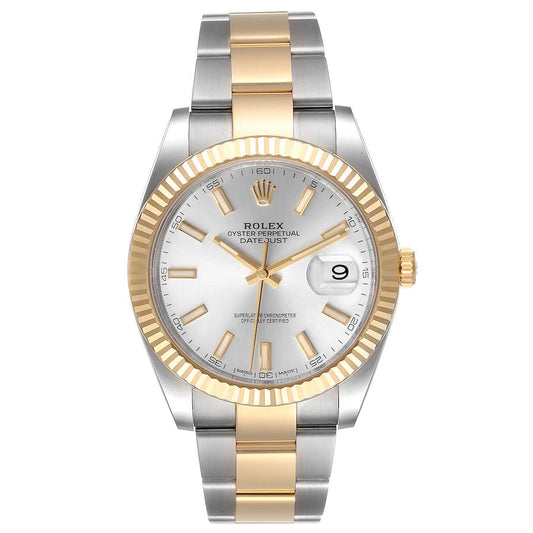 Rolex Datejust II 41mm 2 Tone Stainless Steel & 18k Yellow Gold Fluted Bezel Black Color Dial Oyster Band Watch 126333
