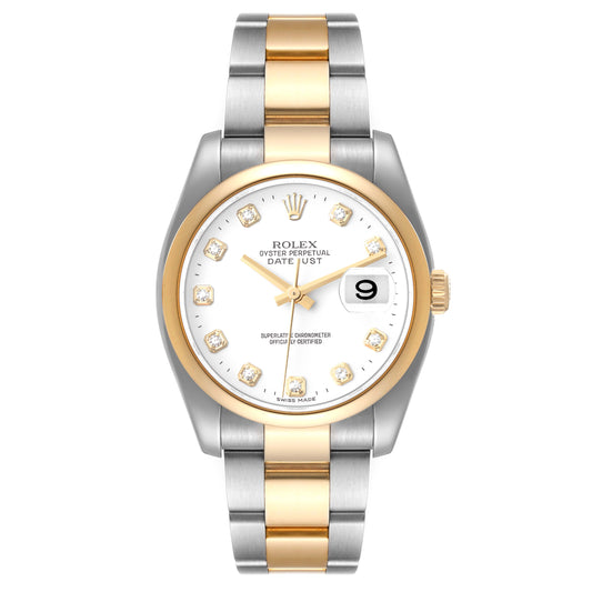 Rolex Datejust 36mm 2 Tone 18k Yellow Gold & Stainless Steel White Diamond Dial Smooth Gold Bezel Oyster Steel Watch 116203