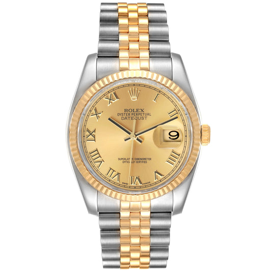 Rolex Datejust 36mm 2 Tone 18k Yellow Gold & Stainless Steel Roman Dial Fluted Bezel Jubilee Watch 116233