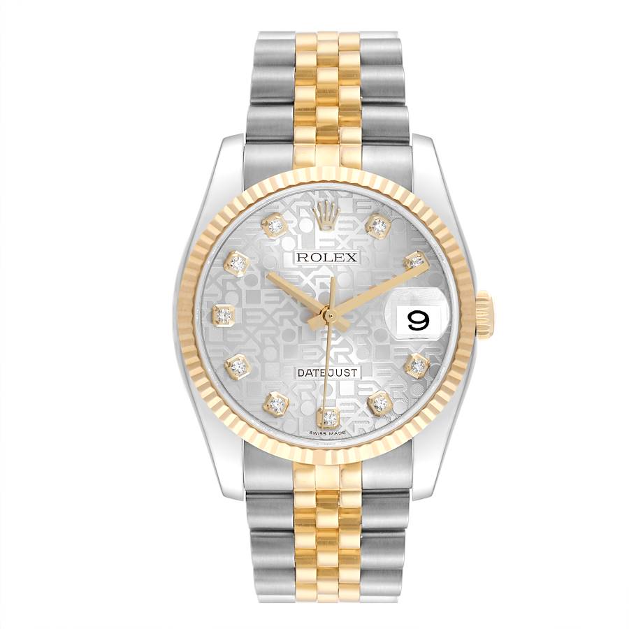 Rolex Datejust 36mm 2 Tone 18k Yellow Gold & Stainless Steel Silver Anniversary Design Diamond Dial Fluted Bezel Jubilee Band Watch 116233