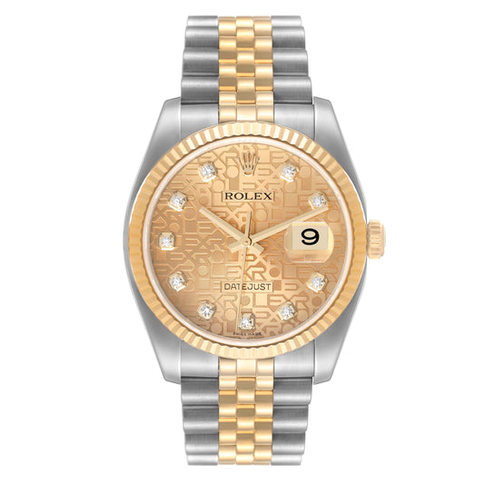 Rolex Datejust 36mm 2 Tone 18k Yellow Gold & Stainless Steel Champagne Gold Anniversary Design Diamond Dial Fluted Bezel Jubilee Band Watch 116233