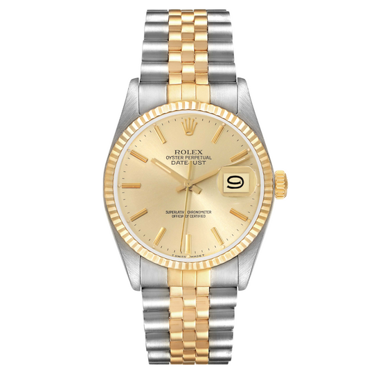 Rolex Datejust 36mm 2 Tone 18k Yellow Gold & Stainless Steel Champagne Gold Dial Fluted Bezel Jubilee Watch 16013