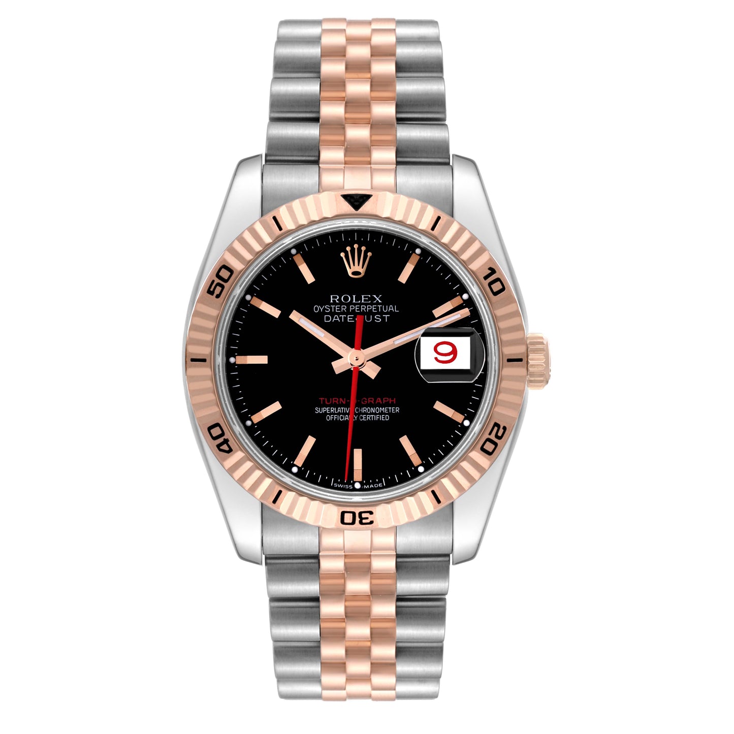 Rolex Datejust Turnograph 36mm 2 Tone 18k Rose Gold & Stainless Steel Black Dial Fluted Bezel Jubilee Steel Watch 116261