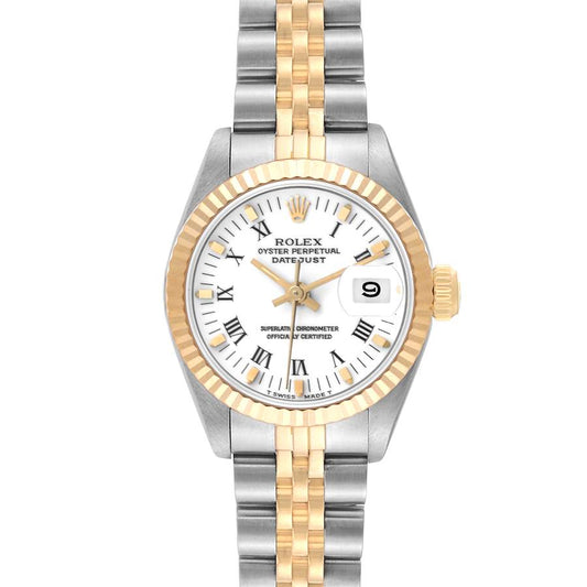 Rolex Datejust 26mm 2-Tone 18k Yellow Gold & Stainless Steel White Dial Fluted Bezel Jubilee Band Watch 69173