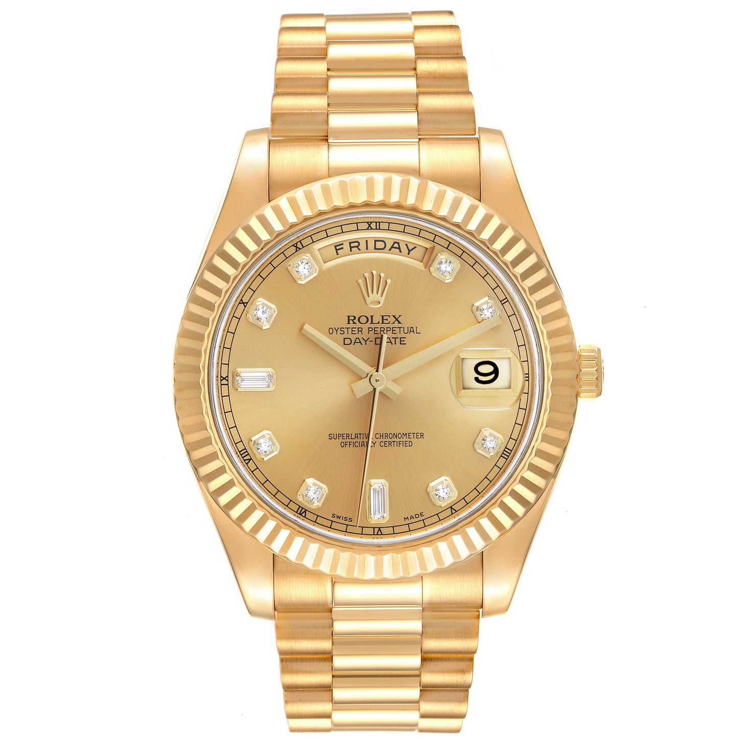 Rolex Day Date President 41mm 18k Yellow Gold Fluted Bezel Champagne Dial with Diamonds Watch 218238