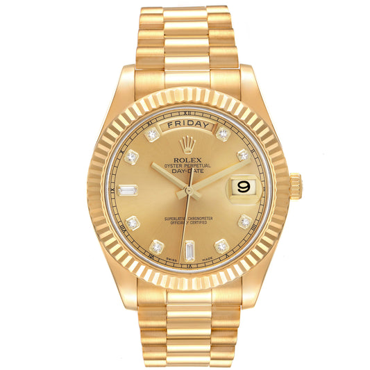 Rolex Day Date President 41mm 18k Yellow Gold Fluted Bezel Champagne Dial with Diamonds Watch 218238