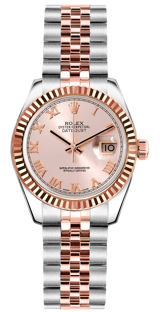 Rolex Datejust 26mm 2-Tone 18k Rose Gold & Stainless Steel RG Fluted Bezel Sundust Roman Dial Jubilee Watch 179171