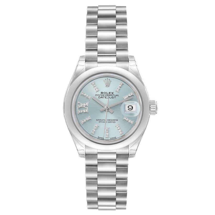 Rolex Datejust 28mm Smooth Bezel Ice Blue Roman Diamond Marker Dial President Band Platinum Watch 279166