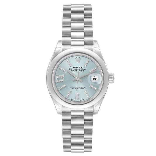 Rolex Datejust 28mm Smooth Bezel Ice Blue Roman Diamond Marker Dial President Band Platinum Watch 279166