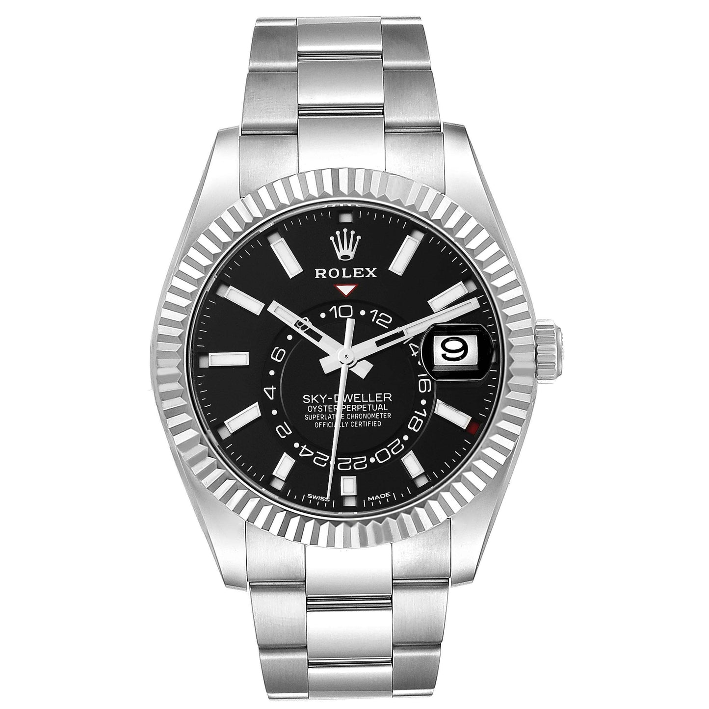 Rolex Sky-Dweller 42mm 18k White Gold Bezel Black Dial Oyster Stainless Steel Watch 326934