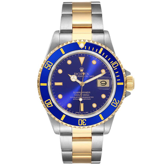 Rolex Submariner 40mm 2 Tone 18k Yellow Gold & Stainless Steel Blue Dial & Bezel Oyster Steel Watch 16613