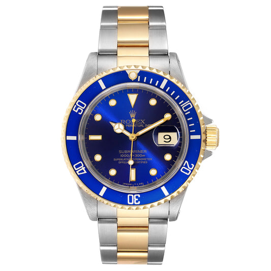 Rolex Submariner Date 40mm 2-Tone 18k Yellow Gold & Stainless Steel Blue Bezel & Dial Oyster Steel Watch 16613