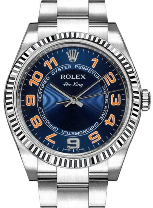 Rolex Oyster Perpetual Air-King 34mm Stainless Steel 18k White Gold Fluted Bezel Blue Arabic Dial Oyster Watch 114234