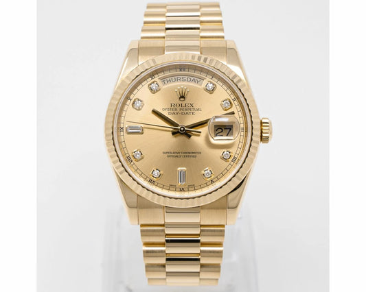 Rolex President Day-Date 18K Yellow Gold Champagne Factory Diamond Dial Fluted Bezel Double Quickset Watch 118238