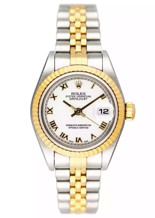 Rolex Datejust 26mm 2-Tone 18k Yellow Gold & Stainless Steel White Roman Dial Jubilee Band Watch 69173