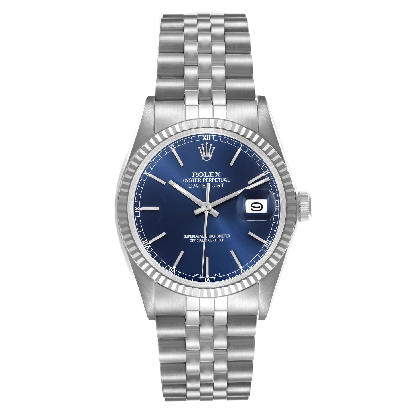Rolex Datejust 36mm Blue Dial White Gold Fluted Bezel Stainless Steel Jubilee Watch 16014