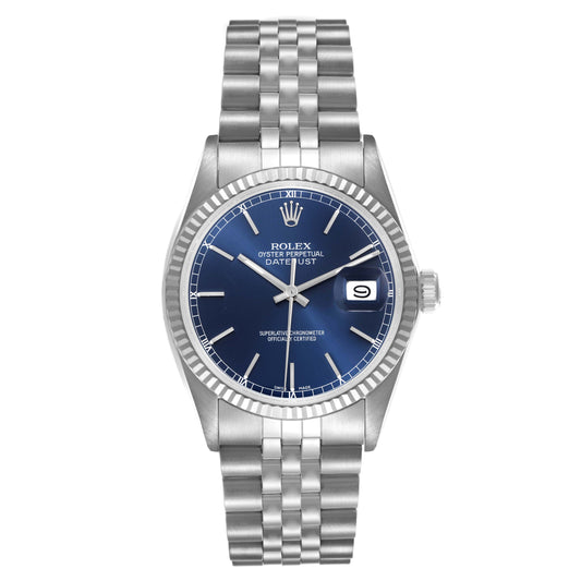Rolex Datejust 36mm Blue Dial White Gold Fluted Bezel Stainless Steel Jubilee Watch 16014